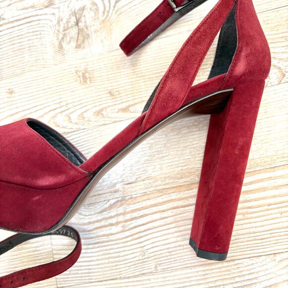Stuart Weitzman Hijinx Platform Suede Peep Toe Heels | Deep Red Size 9 - Picture 3 of 11